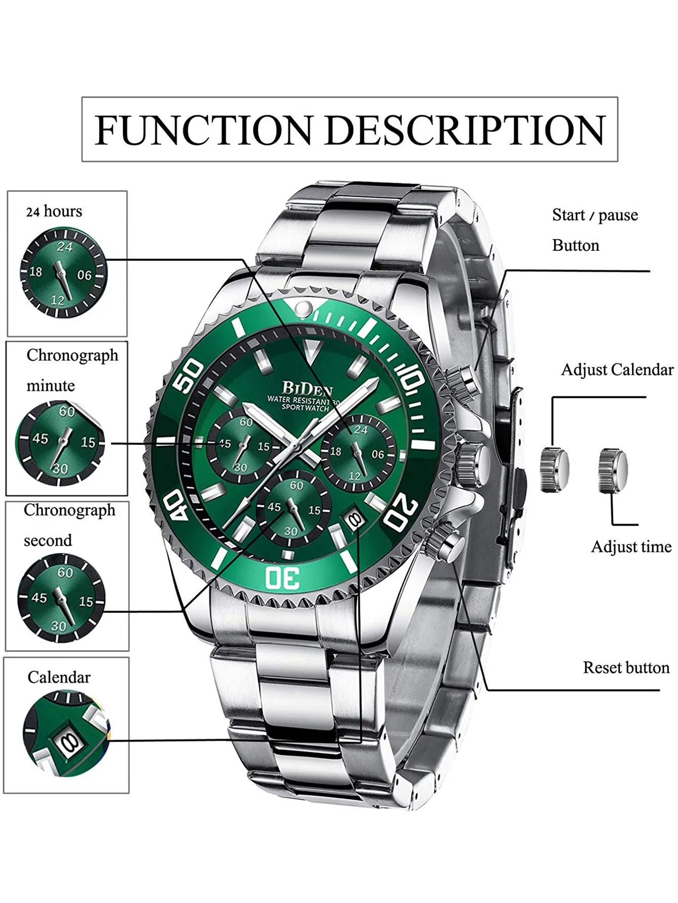 BIDEN Waterproof Men’s Watch – Business Style Quartz Chronograph
